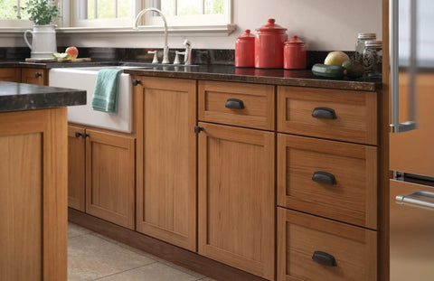 Matte Black Cup Cabinet Pulls 3 Inch Center To Center Handles installed on kitchen cabinets and drawers for farmhouse style