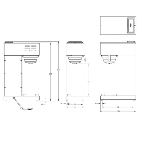 Blueprint diagram of Commercial Pour Over Coffee Brewer with air pot compatibility, stainless steel components, portable design.