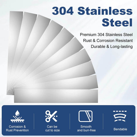 304 stainless steel shims fanned out to show size and rust resistance features; durable 50 pcs shim stock assortment for various projects.