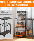 Freestanding Fishing Rod Rack With 3 Tier Shelves And Pegboard Basket Heavy Duty Pole Holders For Garage Holds Up To 12 Rods Scratch Resistant Slots Black in a corner showing storage capabilities.