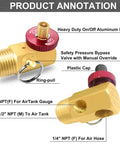 All In One Air Tank Valve Kit With Gauge And Repair Kit For Compressed Air Systems, brass manifold with annotations.