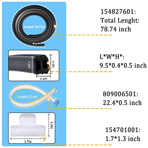 Image showing the dimensions of Complete Dishwasher Door Seal Kit With Bottom Gasket And Splash Shields Replacement Set components.