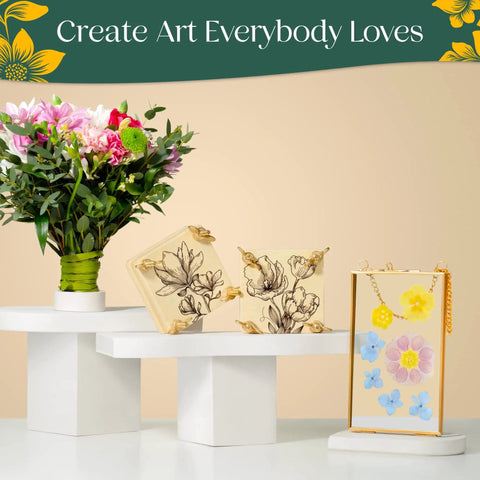 Ultra Portable 3x3 Inch Flower Press Kit Two Pack For Adults on display with pressed flowers and bouquet