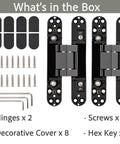 Two pack of Six Inch 3D Adjustable Concealed Door Hinges, matte black, with screws, covers, and hex keys included.