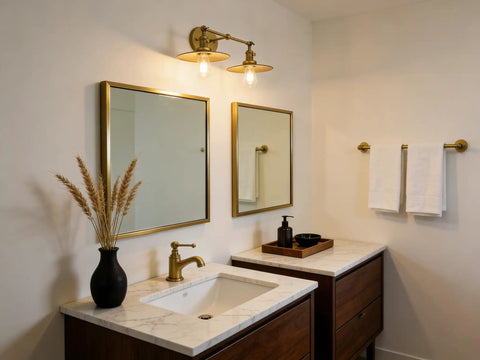 Two Light Wall Sconce With Antique Finish Bathroom Vanity Light Switch Included And Dual 7.87 Inch Flat Metal Lampshades