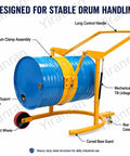 Heavy Duty Drum Lifter Cart Cranks Up To 660 Lbs And Tilts For Easy Pouring Of Steel Or Plastic Barrels With Safe One Man Lift Action At The Factory, showcasing drum clamp and steel frame.