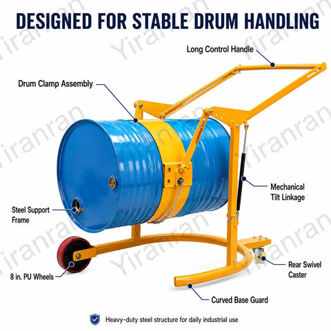 Heavy Duty Drum Lifter Cart Cranks Up To 660 Lbs And Tilts For Easy Pouring Of Steel Or Plastic Barrels With Safe One Man Lift Action At The Factory, showcasing drum clamp and steel frame.