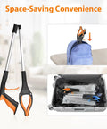 REWKCY 32-inch foldable reacher grabber (2-pack) with rotating jaw and magnet, orange/black handle, front view