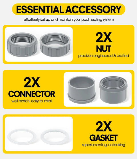 DearChan CPVC connector kit, 2-pack with heater flange, 2 nuts, 2 connectors, 2 gaskets for Raypak/Rheem pool heaters.