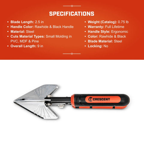 9 Inch Molding Miter Snips CTM45RS Heavy Duty Handheld Shears with orange handle and angle guide on white background