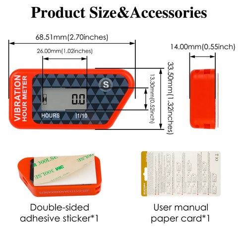 Durable Vibration Hour Meter For Small Engines Red IP68 Waterproof Tracks Run Time With Non Resettable Total Hours And Resettable Job Timer No Wire Vibration Monitoring For Heavy Duty Equipment, 68.5mm x 33.5mm, red plastic, with adhesive sticker and manual