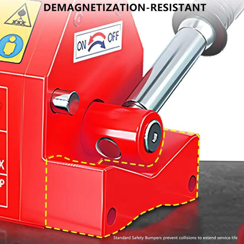 Close-up of Heavy Duty Permanent Magnetic Lifter With Rock Solid Grip, 2200 Lb Plate Magnet showing demagnetization switch and safety features.