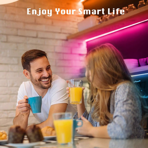 Bluetooth Led Strip Lights for Bedroom 100 Feet with App Control and IR Remote RGB Color Changing Lit Mood Lighting shown in a cozy kitchen