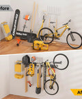 Beefed Up Garage Tool Organizer With Six Double Layer Hooks And Extended 49.5 Inch Wall Mounts Made From Powder Coated Steel To Hoist Long Handled Yard Gear And Shop Kit That Handles Up To 440 Lbs Like A Champ, showcasing before and after wall-mounted storage.