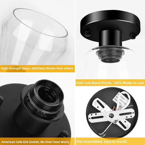 2 Pack Modern Industrial Semi Flush Mount Ceiling Lights with clear glass shades, matte black finish, E26 socket details