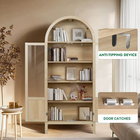 Arched Storage Cabinet With 2 Doors And 5 Tier Shelves 71 Inch Tall Wooden Pantry Organizer For Kitchen Dining Room Living Room And Bathroom Natural Wood Color With Clear Door Panels For Easy Visibility Space Saving And Modern Look