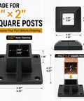 Rock Solid 8 Pack 2X2 Aluminum Square Post Base Flanges With Powder Coated Black Covers, dimensions showing 2.02" inner opening.