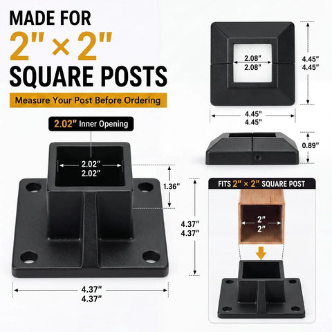 Rock Solid 8 Pack 2X2 Aluminum Square Post Base Flanges With Powder Coated Black Covers, dimensions showing 2.02" inner opening.