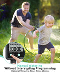 Man using Three Program Garden Hose Sprinkler Timer With Brass Inlet Rugged Weatherproof Water Controller while child plays