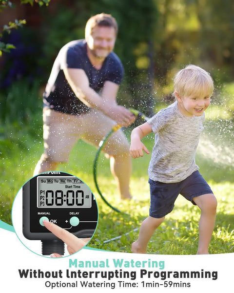 Man using Three Program Garden Hose Sprinkler Timer With Brass Inlet Rugged Weatherproof Water Controller while child plays