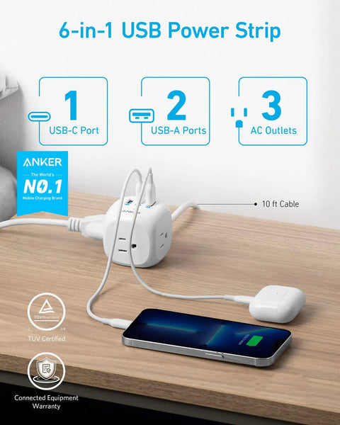 Power Strip With 20W USB C PD 3 Outlets And USB A Ports 10 Ft Extension Cord showing plugged phones and devices on desk