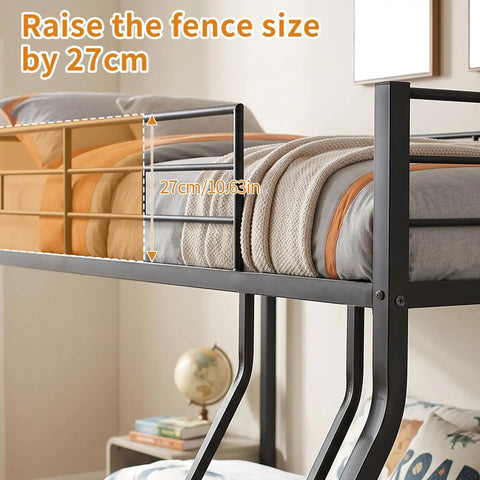 Sturdy Twin Over Full Metal Bunk Bed With Ladder And Full Length Guardrails demonstrating 27cm raised guardrail height