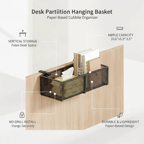 Cubicle Friendly Hanging Basket Organizer for office desk essentials on partition, space saving storage for pens, sticky notes, no drilling needed.