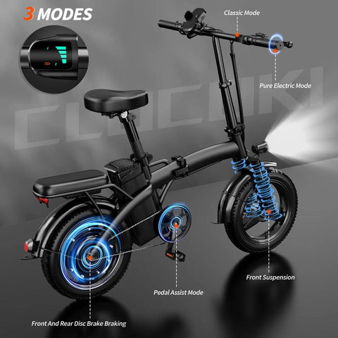 Compact Folding Electric Bike For Adults With A 500W Motor Up To 25 MPH And A 35 Mile Range, highlighted features and modes.