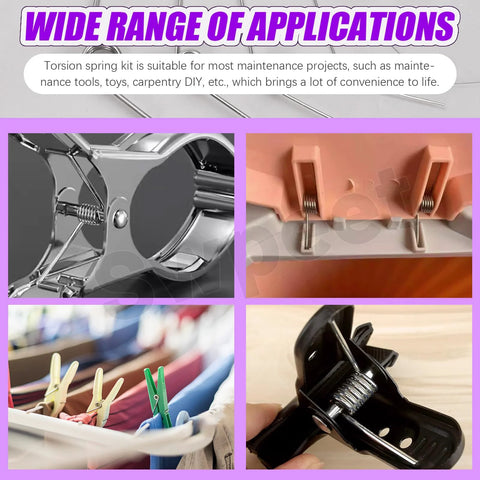 Swpeet stainless steel torsion springs kit, 45 pcs in 15 sizes (45/90/120°); shown on hinges, clips, and clamps.
