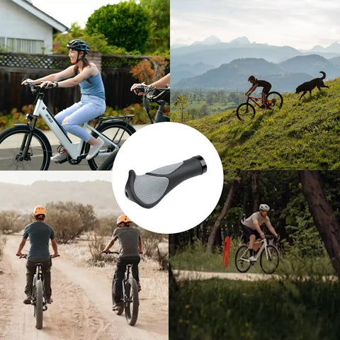 Collage featuring cyclists on different terrains highlighting the No Slip Locking Bike Grips For 22.2mm Handlebars With Soft Rubber Comfort