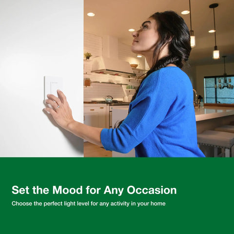Woman using Diva LED Plus Dimmer Light Switch For Dimmable LED Halogen And Incandescent Bulbs 150 Watt Single-Pole Or 3-Way