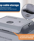 Top view of the Ride Along Thermoelectric Car Cooler And Warmer 32 Qt showing cable storage for chargers, gray design with locked lid.