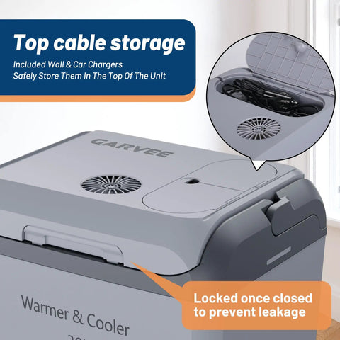 Top view of the Ride Along Thermoelectric Car Cooler And Warmer 32 Qt showing cable storage for chargers, gray design with locked lid.