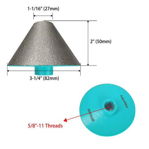Pro Grade Diamond Beveling Chamfer Bits For Countersinking And Enlarge Holes In Tile Marble Glass Granite Ceramic 27mm To 82mm Dia With 5 8 By 11 Threads Blue, top and side view showing size and threads.