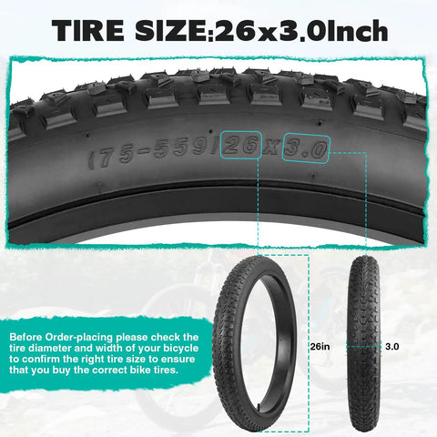 26 Inch Fat Bike Tire Set With Inner Tubes Two Pack For E-Bike Snow MTB And Tricycle Replacement 26 By 3.0 75-559 Foldable Tires Durable Nylon Rubber Build Schrader Valve High Wear Resistance Long Lasting Ride, 26x3.0 tire close-up