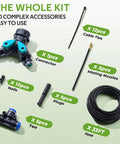 360 Degree Drip Irrigation System Kit With 33 Feet Of One Quarter Inch Tubing And Five Adjustable Brass Nozzles components layout
