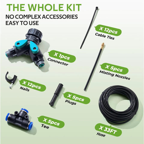 360 Degree Drip Irrigation System Kit With 33 Feet Of One Quarter Inch Tubing And Five Adjustable Brass Nozzles components layout