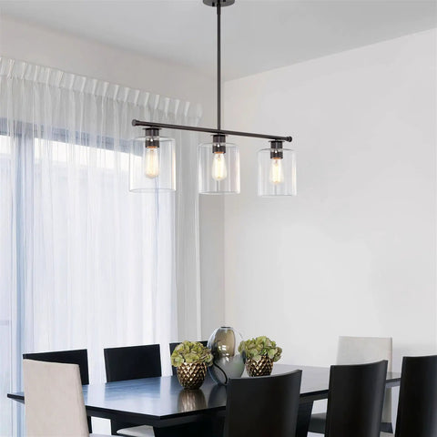 Dope Three Light Modern Industrial Farmhouse Kitchen Island Pendant Lighting With Clear Glass Cylinder Shades over dining table