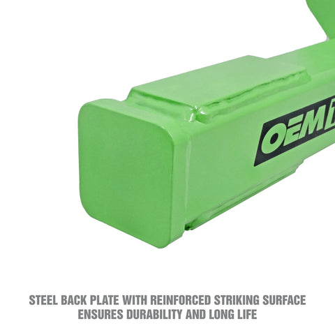 Close-up of green reinforced striking plate from Wheel Bearing Removal Tool Kit for Axle Bolted Hubs With Reinforced Striking Plate And Universal Mount Compatible With 5 6 And 8 Lug Hubs Prevents Axle Damage And Delivers Safe Clean Hub Bearing Removal