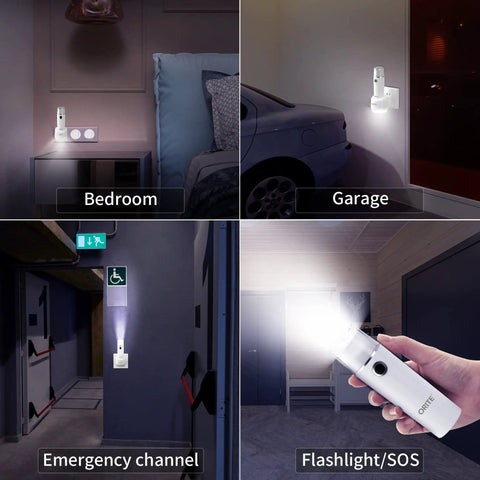 Composite image showing 3 In 1 Emergency Flashlight For Home Power Outage Pack Of 3 Rechargeable LED Torch in bedroom, garage, and emergency situations.