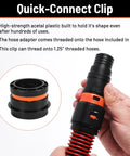 Close-up of a quick-connect clip adapter for the Seven Piece Dust Collection Hose Adapter Kit For Woodworking Tools, Sanders, And Shop Vacuums.