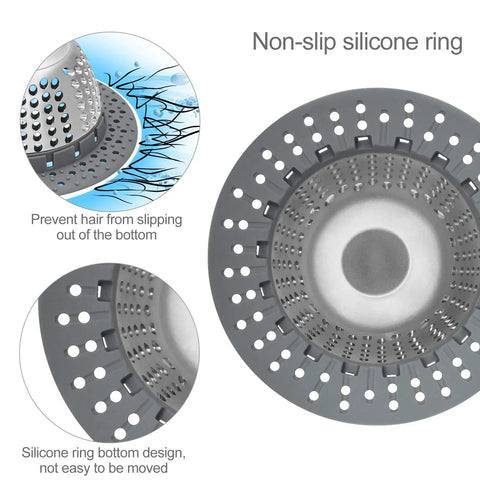 Top view of gray dome-shaped drain protector with non-slip silicone ring and small holes. Hair Catcher For Tub And Shower Drains, Dome Shaped Drain Protector That Fits Pop Up And Regular Drains, No Fuss, Keeps Hair, Toys And Debris Out, Lets Water Flow Free, Patented Design.