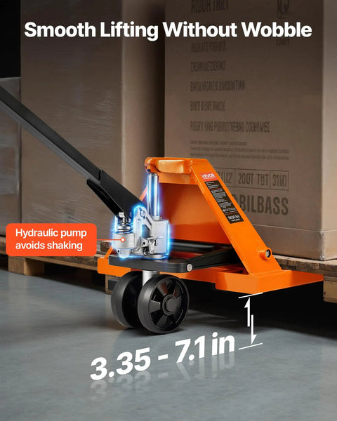 6600 Lb Manual Pallet Jack With 48 By 27 Inch Forks And A 3.35 To 7.1 Inch Lift Height, showing side view of wheels and hydraulic pump