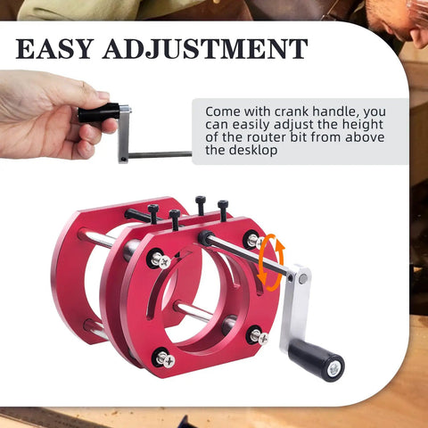 Pro Grade Router Lift Base With Aluminum Alloy Construction shown with easy adjustment crank handle setup