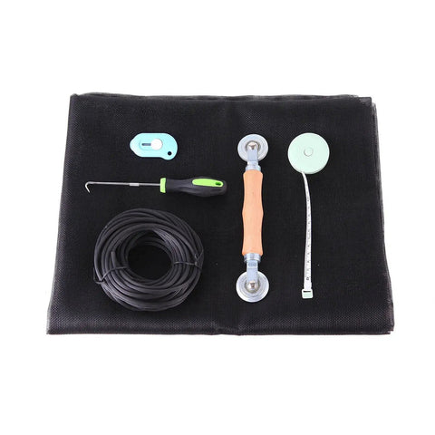 All In One Window Screen Repair Kit With 48x118 Charcoal Fiberglass Mesh And Rolling Tool Spline Cutter Ruler Hook For Replacing Windows And Sliding Doors Includes Knife And Spline Remover displayed.
