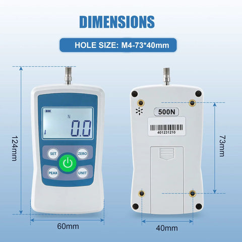 Digital Push Pull Force Gauge 500N With Real Time Peak And First Peak Modes Reads In N Lb Kg Oz With 0.1N Resolution Auto Shutoff 2 AAA Batteries Included Max Load 50Kg 110Lb 1800Oz Four Units Display For Precise Tension And Pull Tests, dimensions 124mm x 60mm x 40mm