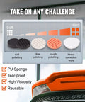 Cordless 6 Inch Random Orbital Polisher buffer pad chart for car detailing waxing. Includes soft to hard polishing pads illustration.