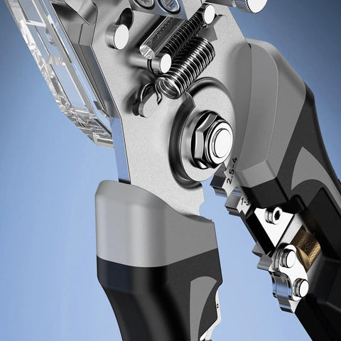 Close-up view of Heavy Duty Wire Stripper Tool Combo Set With Grip Pliers multifunctional cutting and crimping mechanism.