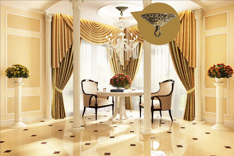 5.51 Inch Copper Canopy Kit with antique bronze finish in elegant dining room setting, showcasing installation with chandelier