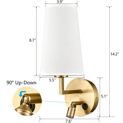 Set Of Two Modern Brass Gold Wall Sconces With Fabric Shade And USB Rechargeable Lights, 90° adjustable arm